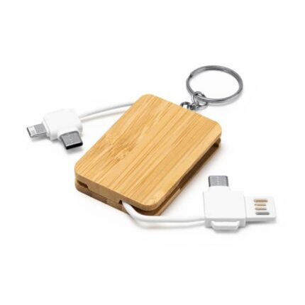 Multifunktionaler Schlüsselanhänger mit einem rechteckigen Bambusgehäuse und integriertem 3-in-1-Ladekabel für USB, Micro-USB und USB-C.