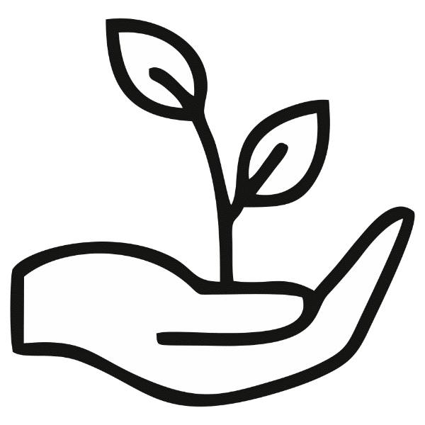 Symbol einer Hand, die eine Pflanze mit Blättern hält – steht für Bio-Produkte