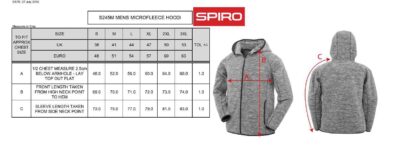 Größentabelle für den Meenzer Derfe Des Microfleece Hoodie mit Brust-, Front- und Ärmellängenmaßen