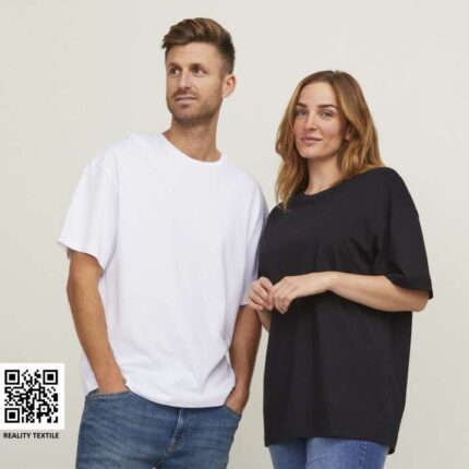 Jack & Jones Classic Unisex Oversized T-Shirt in white and black, worn by male and female models.