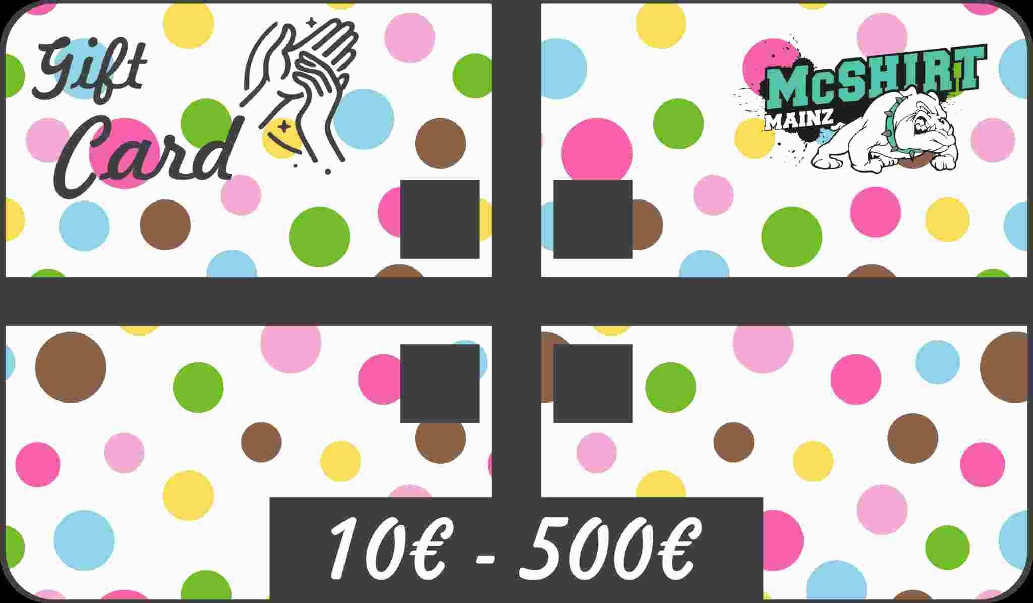 McShirt Mainz Geschenkkarte mit Dankeschön-Motiv und bunten Punkten – einlösbar von 10 bis 500 Euro