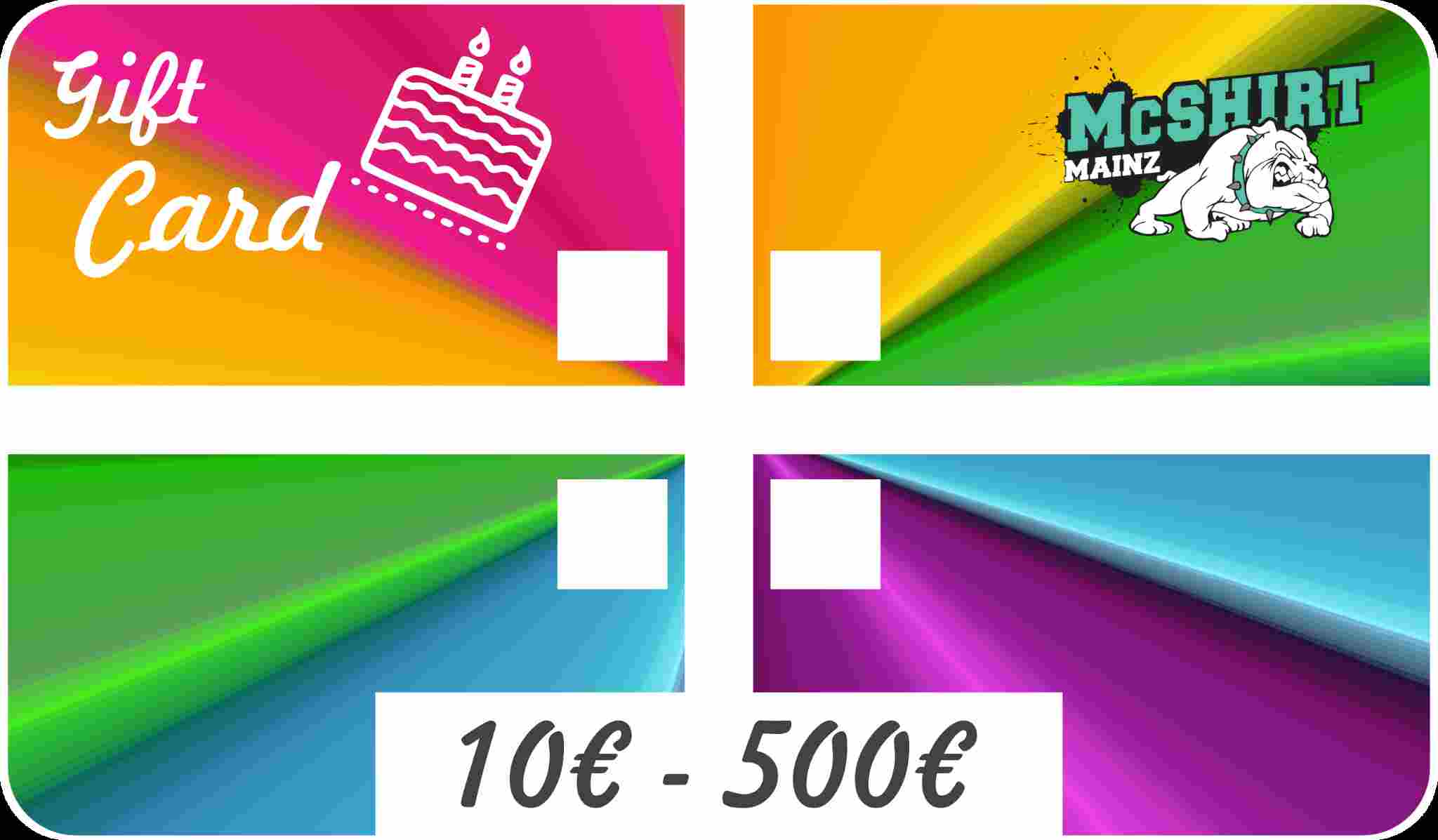 McShirt Mainz Geschenkkarte zum Geburtstag mit bunter Torte – einlösbar von 10 bis 500 Euro