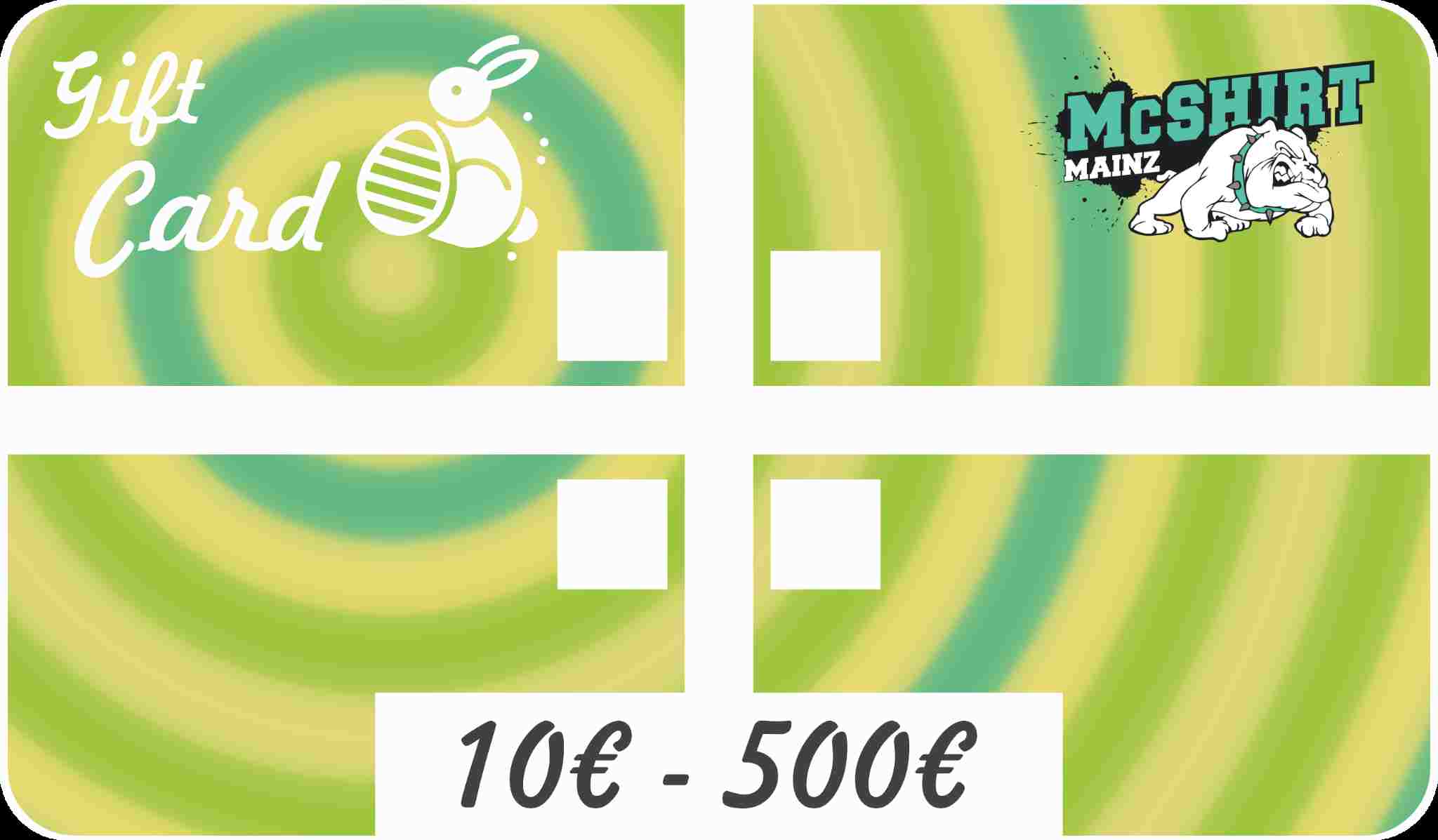 Bunte McShirt Mainz Geschenkkarte zu Ostern mit Hasenmotiv – einlösbar von 10 bis 500 Euro
